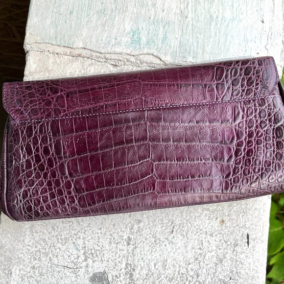 BRAHMIN Vintage Plum Aubergine Eggplant Croc Envelope Bow Clutch Bag Rare Retro